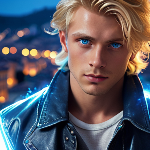 Home 4 **
A handsome, blond-haired character with piercing blue eyes, wearing a stylish modern jacket, surrounded by glowing magical energy. He is bravely facing the viewer, hinting at a mysterious but empathetic nature. The background features a slightly out-of-focus cityscape suggesting an Italian urban setting.
**