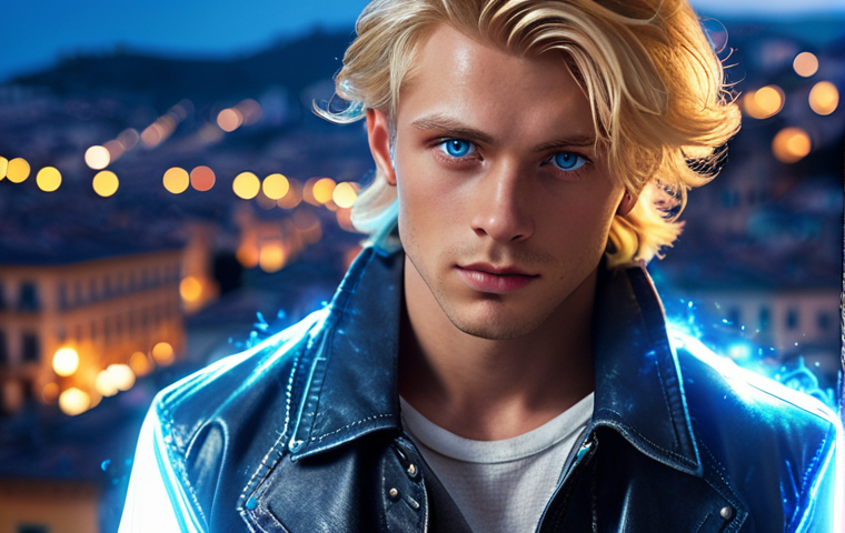 **

A handsome, blond-haired character with piercing blue eyes, wearing a stylish modern jacket, surrounded by glowing magical energy. He is bravely facing the viewer, hinting at a mysterious but empathetic nature. The background features a slightly out-of-focus cityscape suggesting an Italian urban setting.

**
